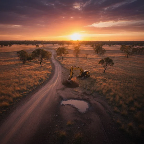 aerial photo of dirt road and excavator